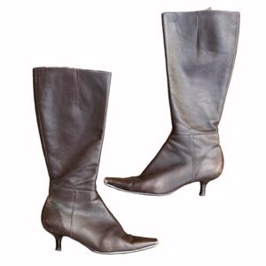 Ann Taylor Espresso Brown Leather Knee High Kitten Heel Boots Size 7